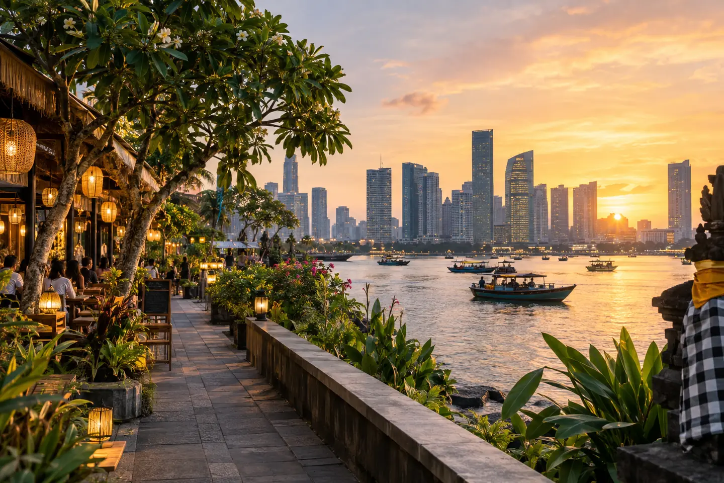 Editorial travel scene of a tropical Asian waterfront city at sunset