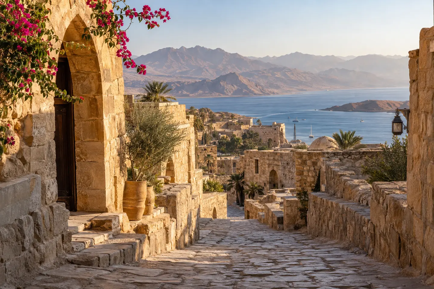 Editorial travel scene with historic stone architecture, mountains and blue water