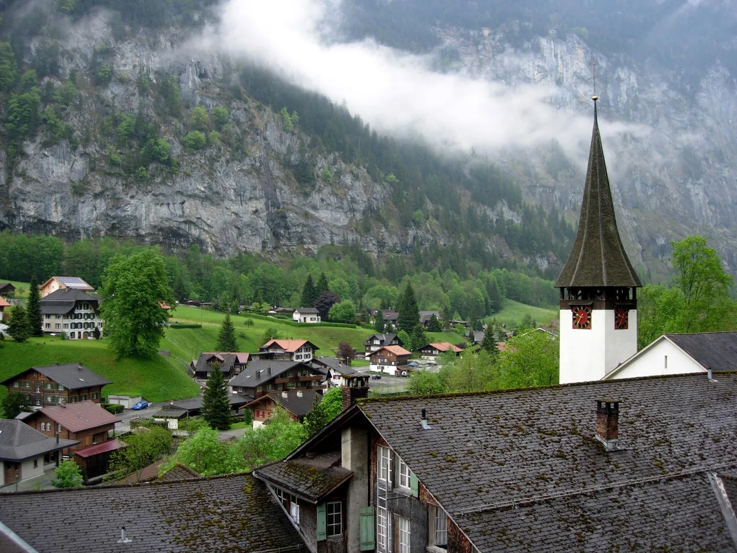 Alpine village and mountain scenery in Lauterbrunnen, Switzerland