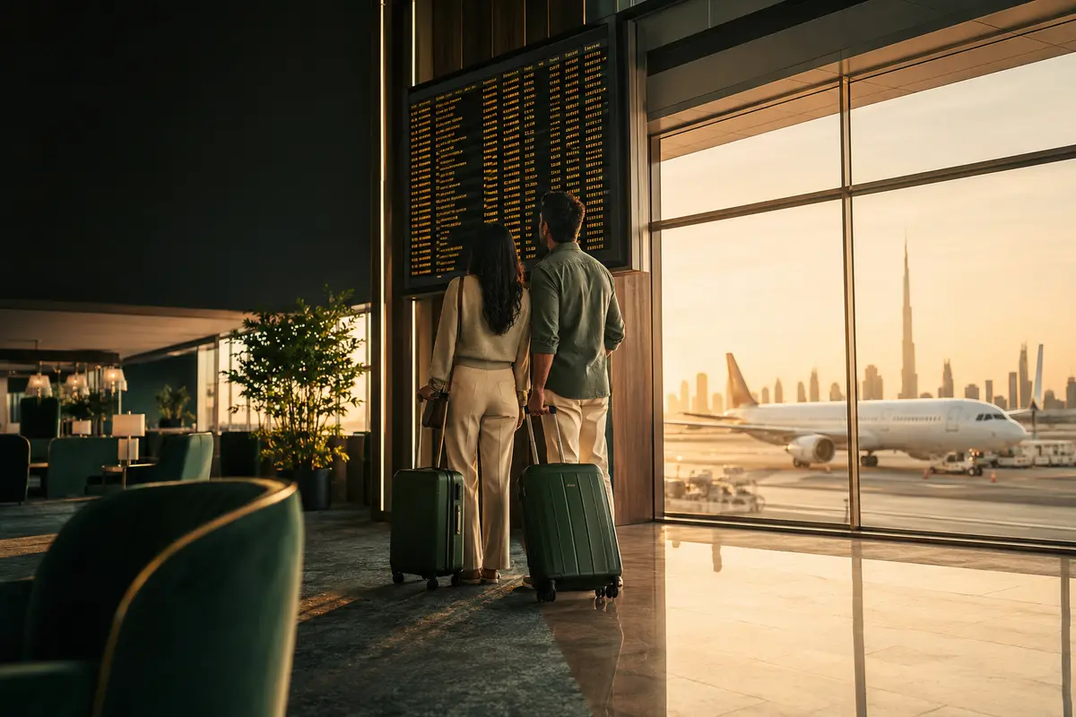 Couple checking flight departures at Dubai Airport