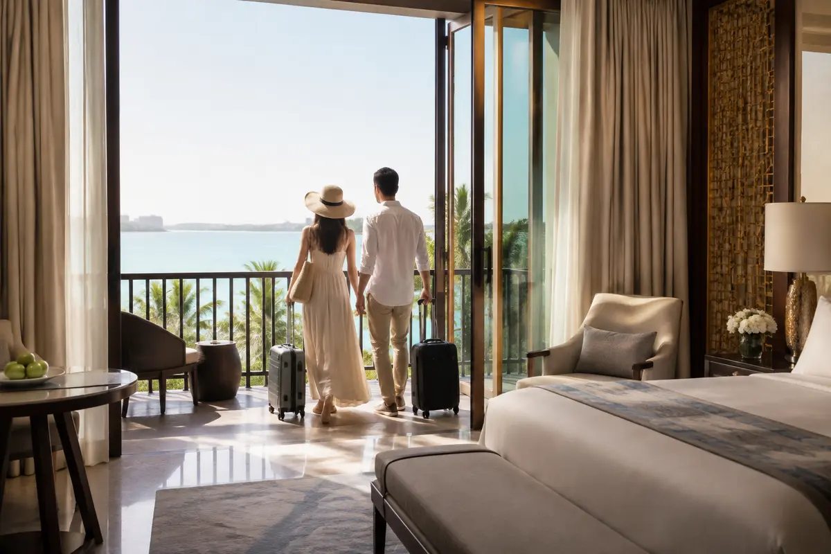 Couple arriving at a sea-view resort hotel