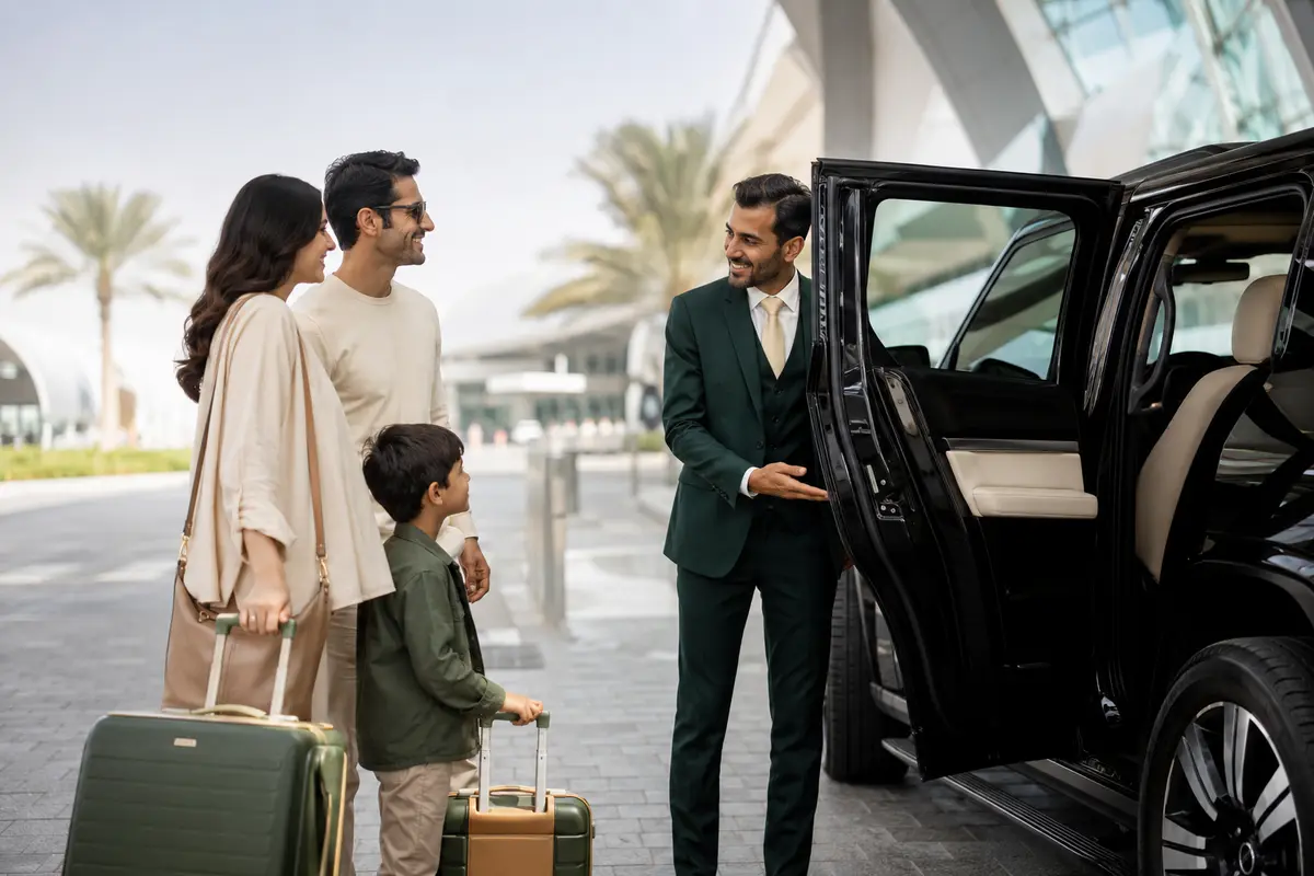 Family receiving private airport transfer support in Dubai