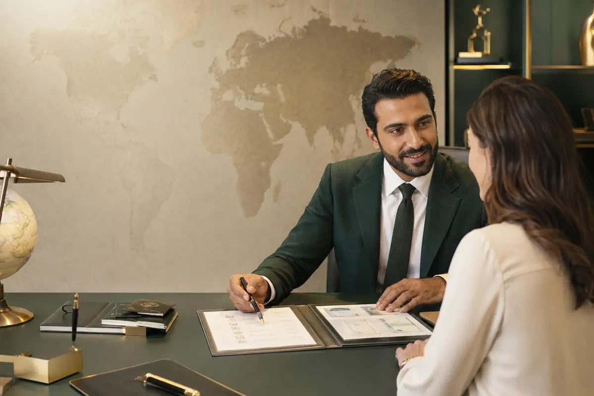 Travel consultant assisting a client with worldwide visa documents