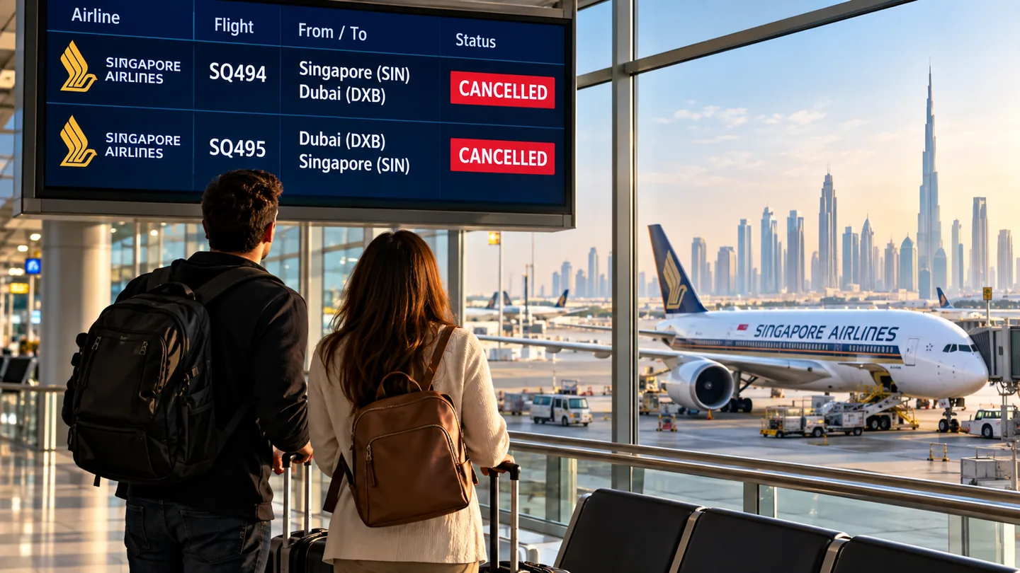 Travellers viewing a departure board listing Singapore Airlines SQ494 and SQ495 as cancelled at Dubai airport