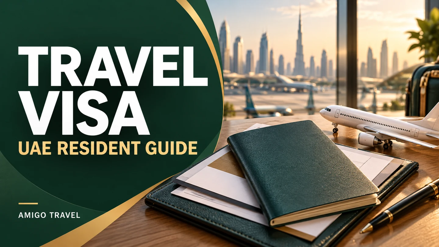 Travel visa UAE resident guide with a passport, travel documents, model aircraft and Dubai skyline