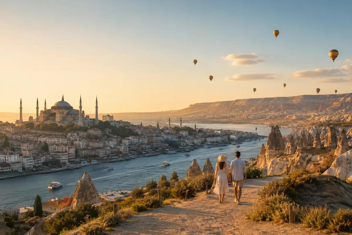 Scenic Turkey holiday view with Istanbul, Cappadocia and hot-air balloons at sunrise